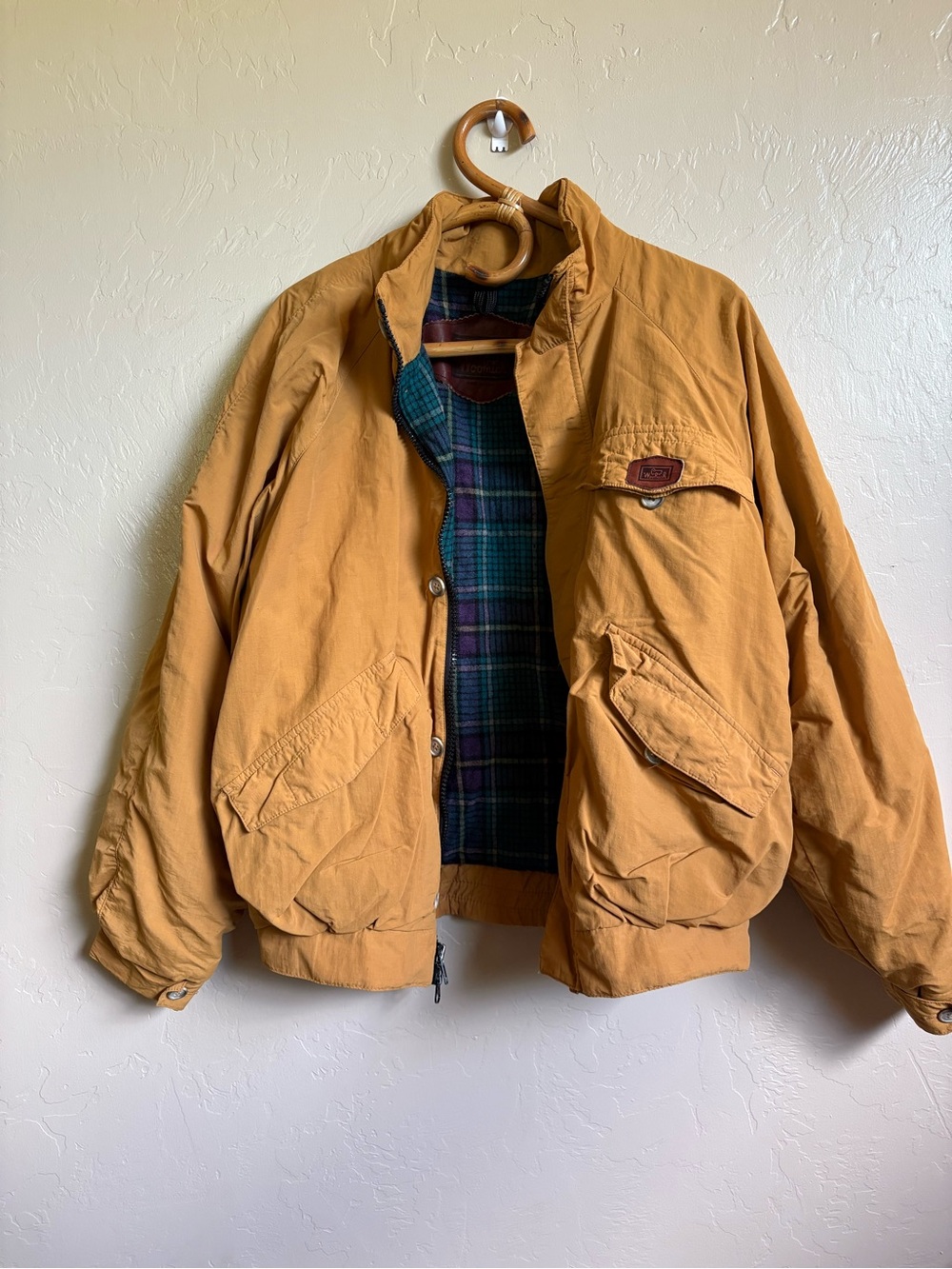 Vintage Woolrich Gore Tex Wool Lined Bomber Jacket Coat Mustard Tan Brown M